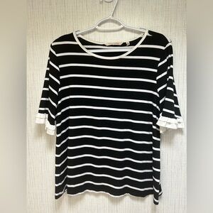 Soft Surroundings Black & White Striped Short Sleeve shirt with Ruffle Sleeve